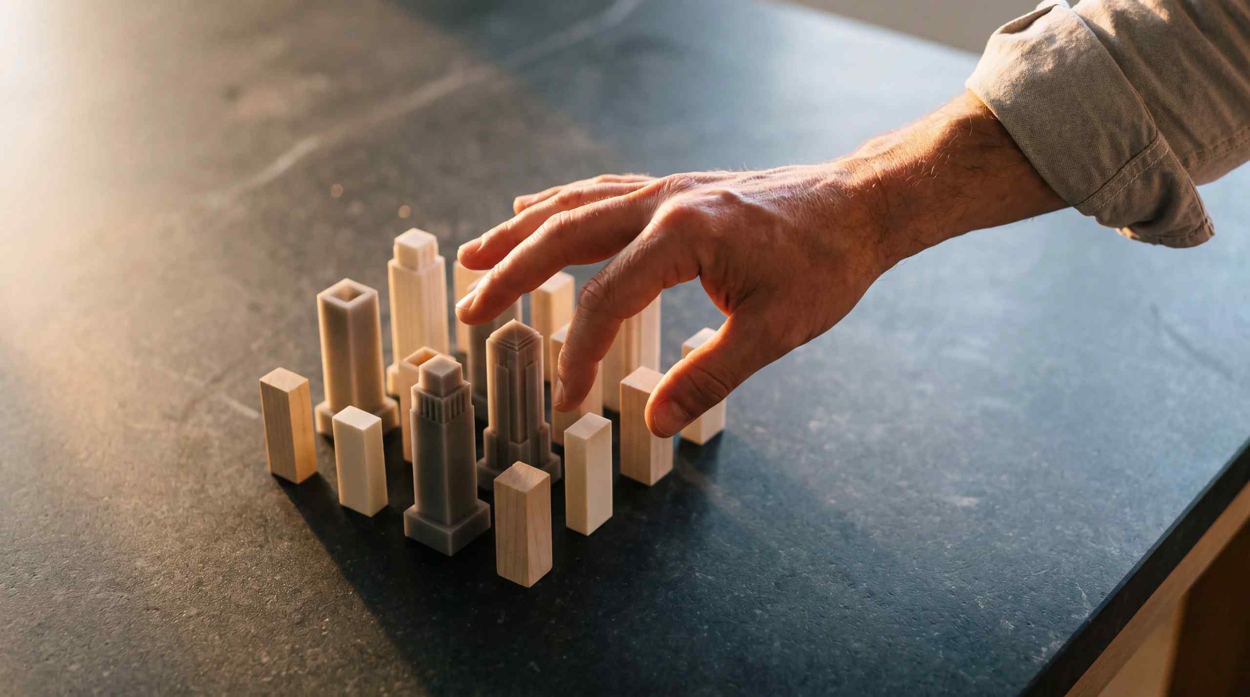 A figurative city layout with a hand moving buildings.